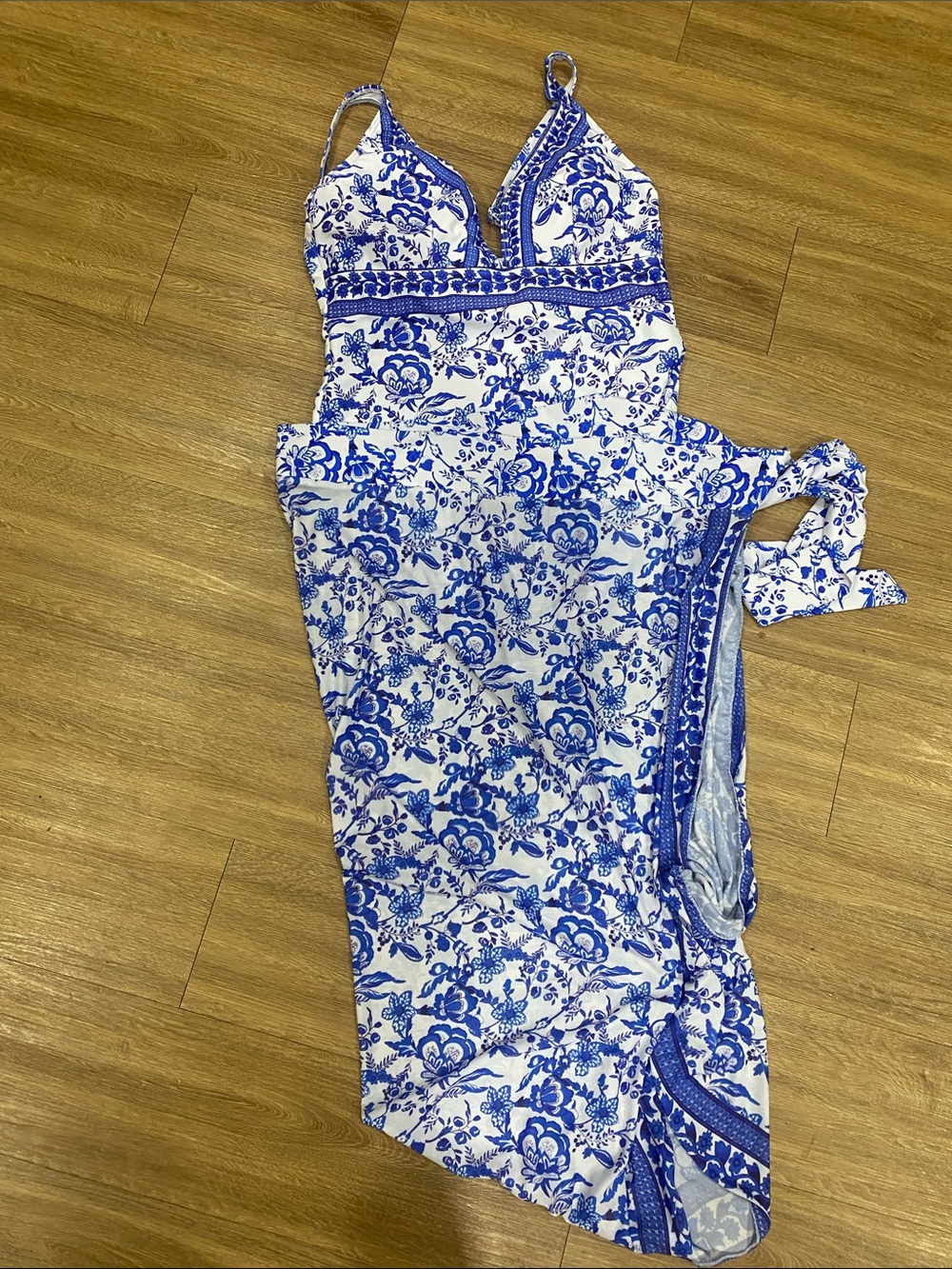 Blue & White Floral One-Piece Swimsuit with V-Neck